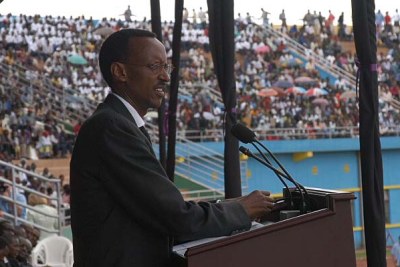 President Paul Kagame of Rwanda speaking at the 10th anniversary commemoration of the 1994 genocide.