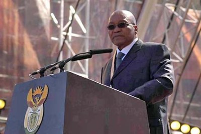 President Jacob Zuma addressing crowds after his inauguration as President of South Africa.