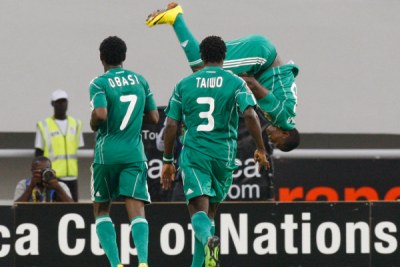 Obinna Nsofor of Nigeria, somersaults to celebrate a goal at the last Africa Cup of Nations finals.