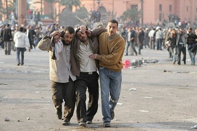 Protesters were injured in Tahrir Square on February 2, 2011.