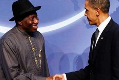Presidents Goodluck Jonathan and Barack Obama shake hands at the Nuclear Security Summit in Washington in 2010.