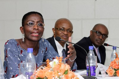 From left, Antoinette Sayeh, Director, IMF African Department, William Lyakurwa, Executive Director African Economic Research Consortium, and IMF Assistant Director, African Department, Abebe Aemro Selassie during the, Economic Outlook for Sub-Saharan Africa Forum in Kenya, capital Nairobi, October 19, 2011.