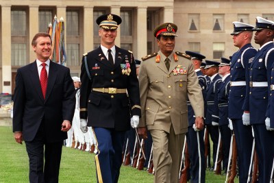 Inspecting honour guard (file photo): Field Marshal Mohamed Hussein Tantawi, right, with former U.S. Defense Secretary William Cohen, left.