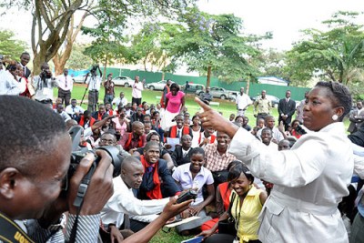 Speaker Rebecca Kadaga meeting with disgruntled Makerere students.