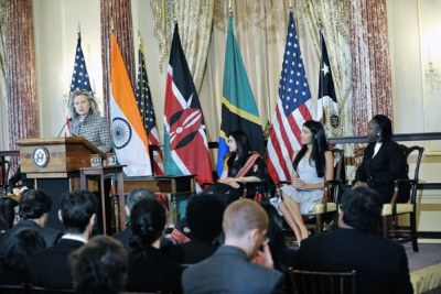 Secretary Clinton delivers remarks during the first Innovation Award for the Empowerment of Women and Girls ceremony held at the U.S. State Department in Washington, D.C..