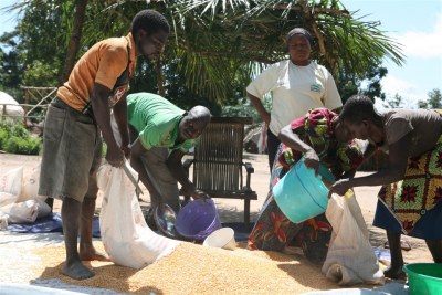 Distribution alimentaire du PAM à Linakofo, en RDC.