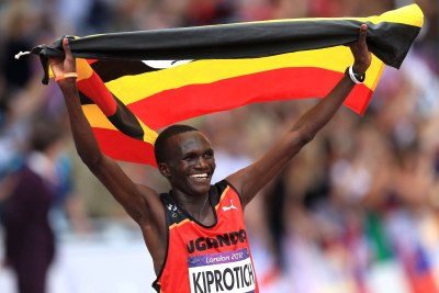 Uganda's Stephen Kiprotich celebrates winning the Olympic men's marathon in London.