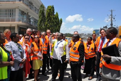 The Dar es Salaam Port Operations Manager Patrick Namahuta briefs ambassadors, Heads of EU Missions and business representatives during a tour of the port (file photo).