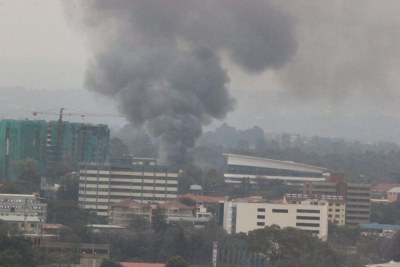 Rising smoke from the Westgate mall following heavy gunfire and blasts.