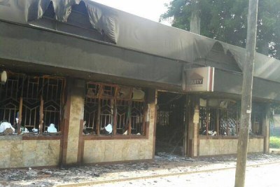 Mpeketoni Equity bank branch after it was torched by suspected Al Shabaab terrorists. (file photo)