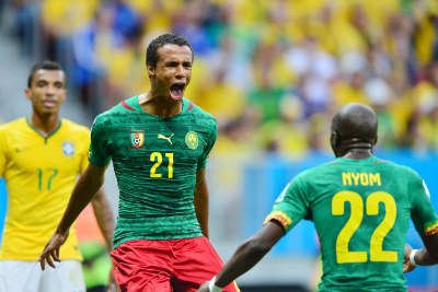 Joel Matip of Cameroon celebrated a goal against Brazil in the 2014 World Cup. The Indomitable Lions will face Brazil again in November, in the Group stage of the 2022 tournament.