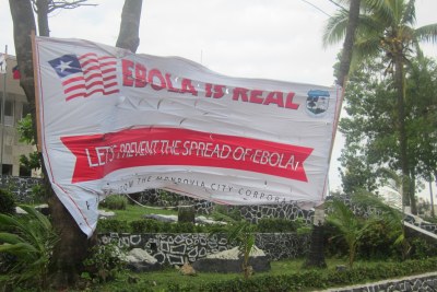 An Ebola sensitization banner in front of the Monrovia City Corporation in Liberia.