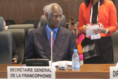 Abdou Diouf, Secrétaire Général de l'Organisation Internationale de la Francophonie (OIF), lors de la 93e session du Conseil permanent de la Francophonie (CPF), le 25-11-2014 au Centre International de Conférence de Dakar à Diamniadio