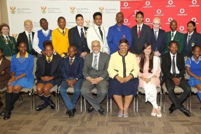 Top achievers in grade 12, class of 2015 seated with Basic Education Minister Angie Motshekga and her deputy, Enver Surty.