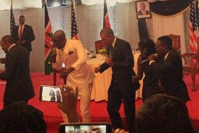 Attendees at a State House dinner in Nairobi saw US President Barack Obama join Sauti Sol on stage for their hit song Sura Yako.