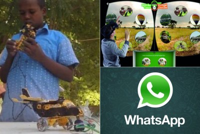 13-year-old Somali inventor Guled Adan Abdi (left), Makote Tours' Virtual Gorilla app (top right), WhatsApp logo (bottom left).