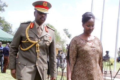 The Special Forces Command boss, Maj Gen Muhoozi Kainerugaba with wife after receiving his pips at the army headquarters in Mbuya, Kampala, yesterday.