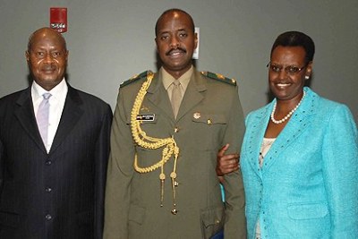 President Yoweri Museveni, his son Major-general Muhoozi Kainerugaba, and  during his wife Janet Museveni