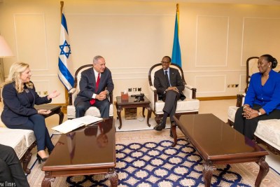 President Kagame and First Lady Jeannette Kagame host Israeli Prime Minister Benjamin Netanyahu and his wife Sara at Village Urugwiro in Kigali.