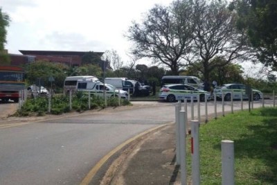 Police cars at the University of KwaZulu-Natal. Officers responded to violent protests.