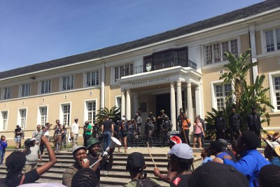 High security presence meets protesting UCT students at the Brenmer Building on Lower Campus.