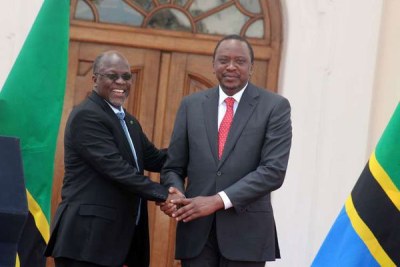 Presidents Uhuru Kenyatta and Tanzania's John Pombe Magufuli at State house Nairobi on October 31, 2016. Tanzania and Kenya have agreed on a time line to start the construction of two link roads.