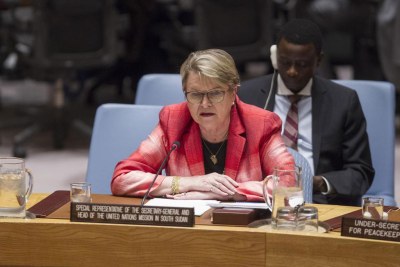 La Représentante spéciale du Secrétaire général et Chef de la Mission des Nations Unies au Soudan du Sud (MINUSS), Ellen Margrethe Løj, s’exprimant devant le Conseil de sécurité.