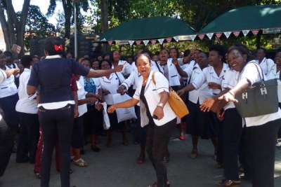 Nakuru nurses gathered at the county offices on February 03, 2017 protesting delayed salaries .