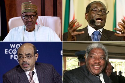 Top-left: Nigerian President Muhammadu Buhari. Top-right: Zimbabwean President Robert Mugabe. Bottom-left: Former Ethiopian prime minister Meles Zenawi. Bottom-right: Former president of Zamiba Levy Mwanawasa.