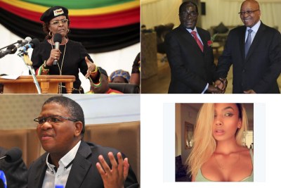 Top-left: Zimbabwean First Lady, Grace Mugabe. Top-right: Presidents Robert Mugabe and Jacob Zuma Bottom-left: Minister of Police Fikile Mbalula. Bottom-right: Model Model Gabriella Engels.