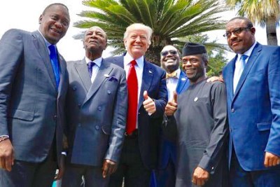 President Trump with Africa leaders invited to the G20 summit in 2017 -  (from left) Presidents Uhuru Kenyatta of Kenya and Mahamadou Issoufou of Niger, African Development Bank President Akinwumi Adesina. Nigeria’s then-acting President Yemi Osinbajo, and then-Ethiopian Prime Minister Hailemariam Desalegn,