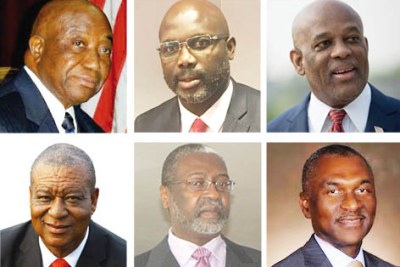 Liberian presidential candidates: (L-R) Joseph Boakai, George Weah, Charles Brumskine, Benoni Urey, Mills Jones, Alexander Cummings