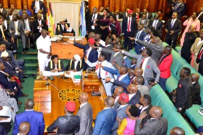 Chaos erupted in Parliament, forcing Speaker Rebecca Kadaga to adjourn the sitting.