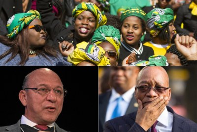 Top: ANC supporters. Bottom-left: Former finance minister Trevor Manuel. Bottom-right: President Jacob Zuma.