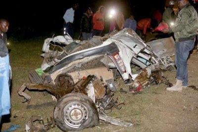 The wreckage of the car that collided with a truck on Saturday at Kamara on the Nakuru-Eldoret highway.