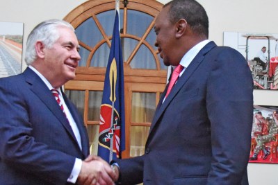 President Uhuru Kenyatta greets the visiting U.S. Secretary of State Rex Tillerson at State House in Nairobi on Friday.