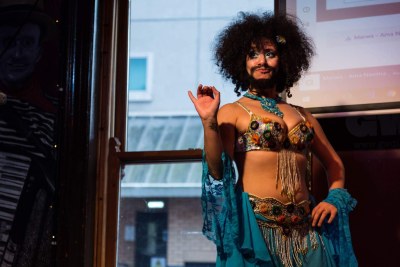 Activist Shrouk El-Attar at her bearded belly dance performance in London, United Kingdom.