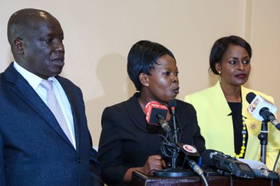 Vice-Chairperson Consolata Nkatha, Commissioners Paul Kurgat and Margaret Mwachanya announcing their exit from IEBC.