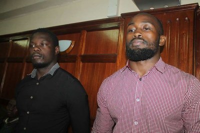 Rugby players, Alex Mahaga Olaba (left) and Lawrence Frank Wanyama in a Nairobi court on April 23, 2018.