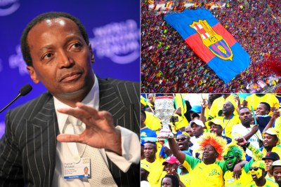 Left: South African billionaire Patrice Motsepe. Top-right: FC Barcelona supporters. Bottom-right: Mamelodi Sundowns FC supporters.