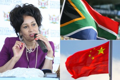 Left: Foreign Affairs Minister Lindiwe Sisulu. Top-right: South African flag. Bottom-right: Chinese flag.