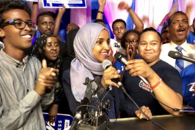 Ilhan Omar addresses supporters after her historic primary election victory to represent Minnesota's 5th District in the U.S. Congress in Minneapolis