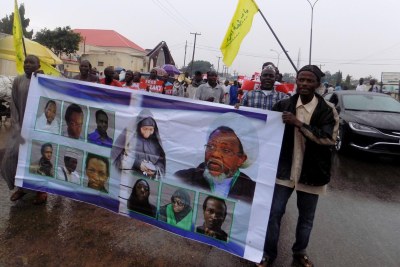 Rassemblement pour la libération de prisonniers y compris Ibrahim Zakzaky, dirigeant du Mouvement islamique du Nigeria et de son épouse, tenu à Kano, dans le nord du Nigéria, le 11 août 2016.