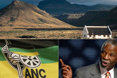 Top: Farmhouse in the Free State. Bottom-left: African National Congress flag. Bottom-right: Former president Thabo Mbeki.