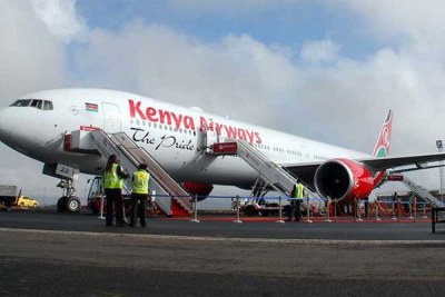 A Kenya Airways plane at Jomo Kenyatta International Airport, Nairobi.