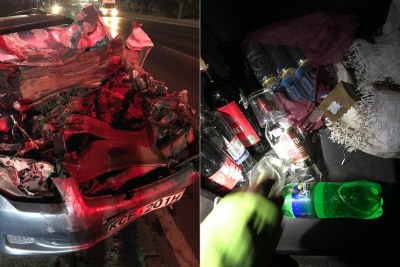 Left: The wreckage of the vehicle that hit Mr Mwangi's car. Right: Alcohol allegedly found in the car.