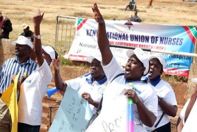 Nurses under the Health ministry during a protest at Uhuru Park in Nairobi on February 11, 2019, when they announced that they had joined the nationwide strike.