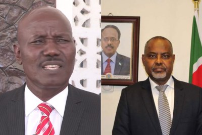 From left: Recalled Kenya's envoy to Somalia Lieutenant-General (Rtd) Lucas Tumbo and expelled Somali envoy to Kenya Mohamoud Ahmed Nur alias Tarzan.