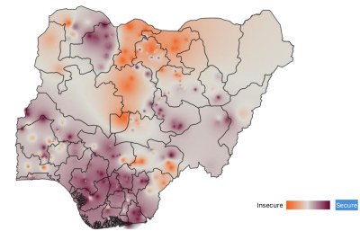 A map of Nigeria showing that people who fear losing their homes - reflected in orange shading - are concentrated in the north, and those feeling less at risk - reflected in purple - are in the south.