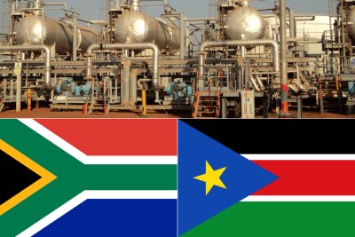 Top: Oil storage facilities at Bentiu, Unity State, South Sudan. Bottom-left: South African flag. Bottom-right- Flag of South Sudan.